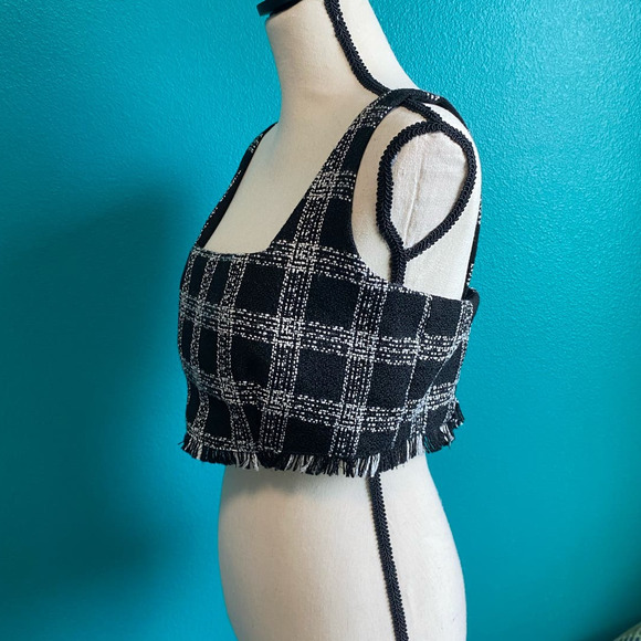 House of Harlow 1960 Plaid Tweed Crop Top Frayed Hem Large - Picture 4 of 7